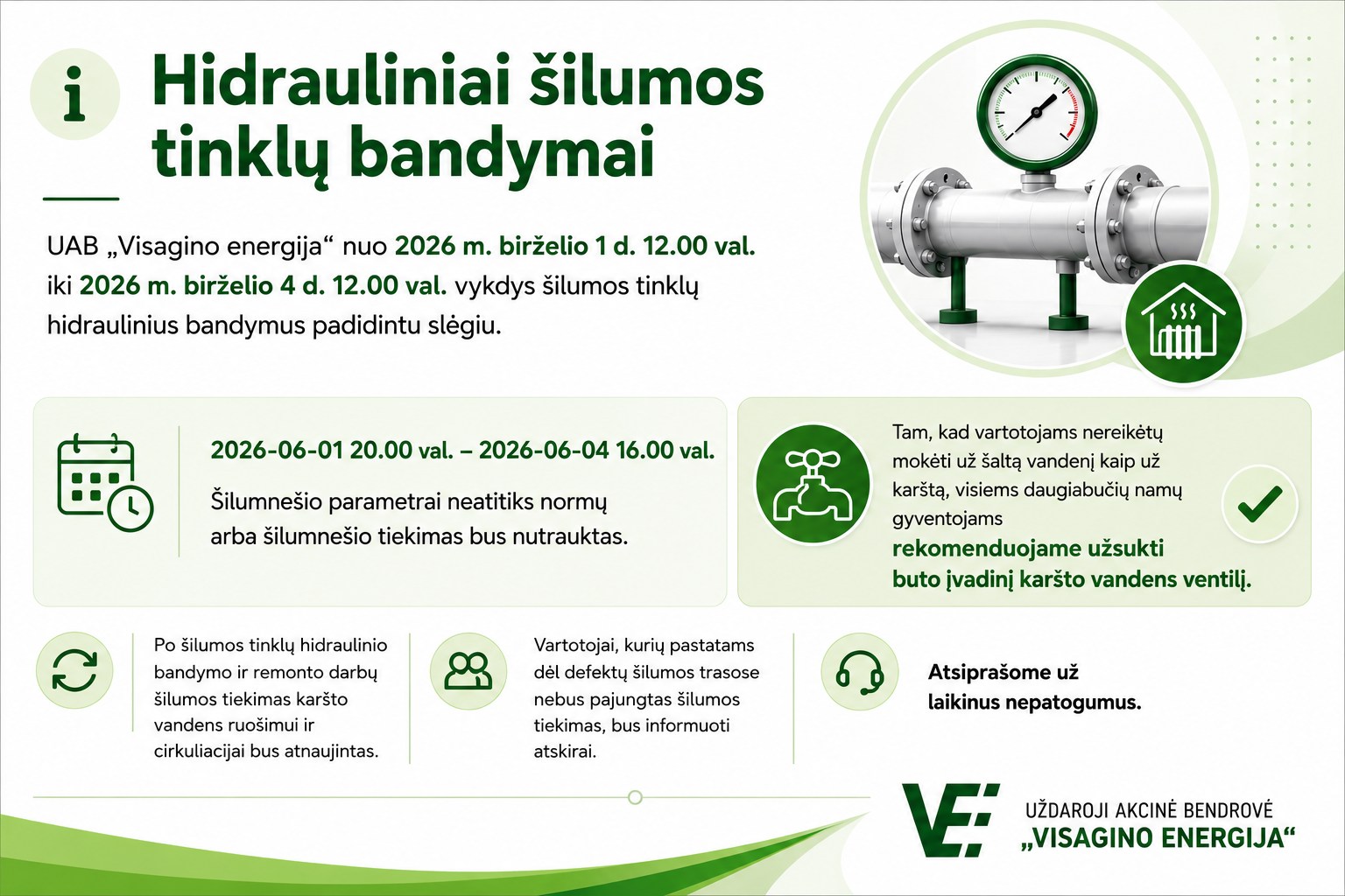 Birželio 1–4 d. bus vykdomi šilumos tinklų hidrauliniai bandymai