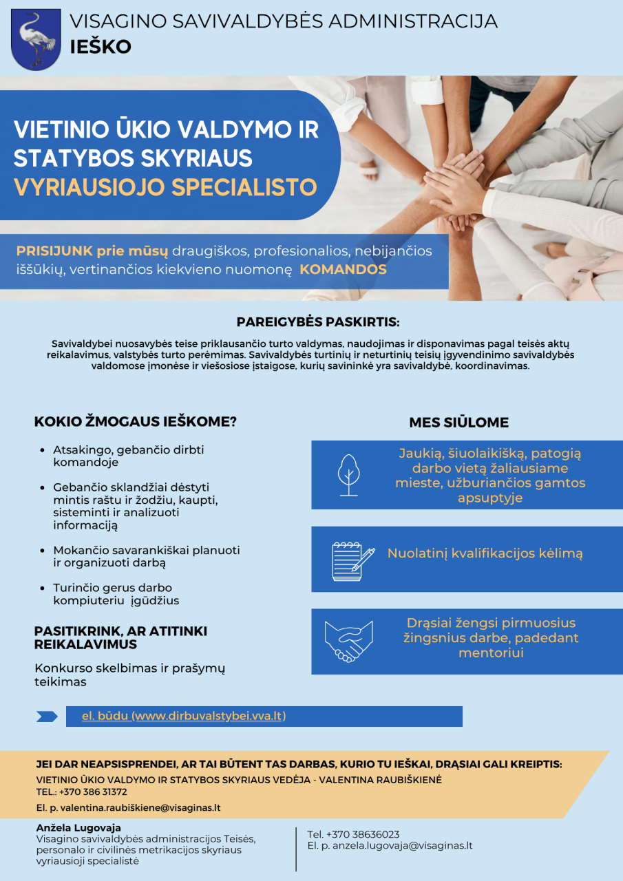 Ieškome Vietinio ūkio valdymo ir statybos skyriaus vyriausiojo specialisto